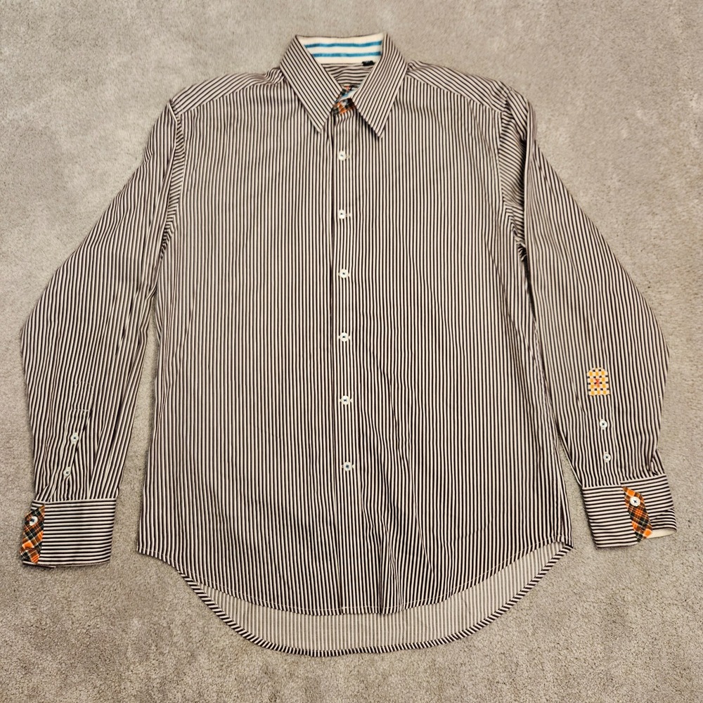 Robert Graham Men's Dress Shirt Size Large Striped Plaid Contrast Trim